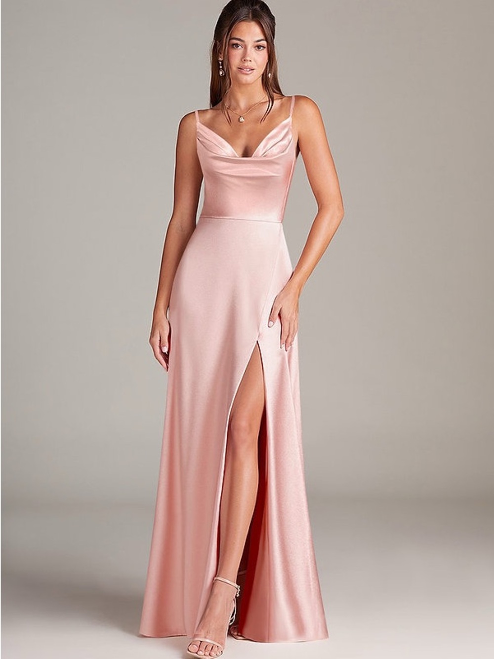 Azazie Sarella Bridesmaid Dress Satin Cowl Neck Slit - Blush Rose Gold Pink